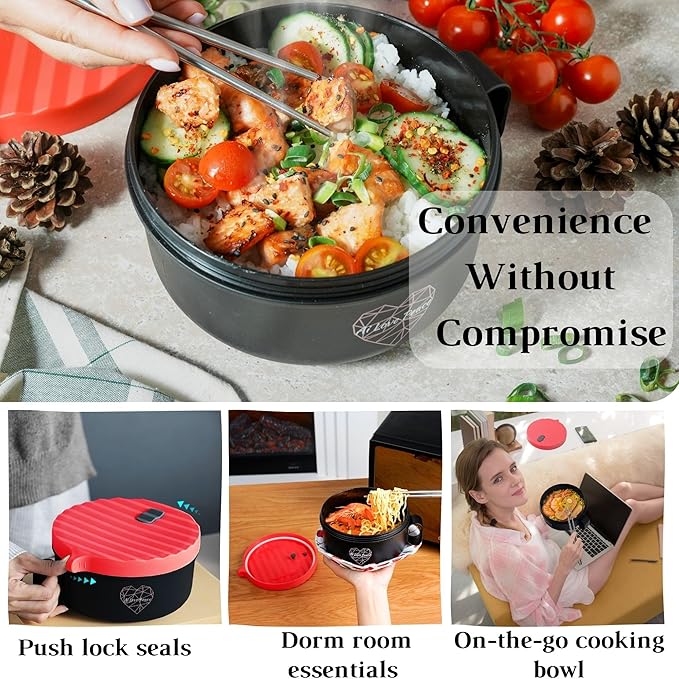 AI LOVE PEACE Ramen Bowls, 40 oz Large Microwavable Noodle Bowls (2 Red) with Wooden Utensils, Chopsticks, and Utensil Bag, Portable Microwave Bowl for Home, Office, Dorm, or College Gift.