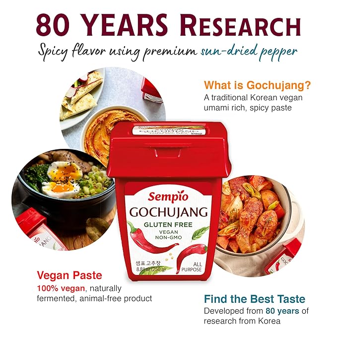 Sempio Gochujang Vegan Korean Red Chili Pepper Paste - Gluten Free: Sweet Spicy Savory Paste, Traditional Fermented Condiment for Cooking, Marinades, Dips, Sauces, Non GMO (8.8oz/250g)