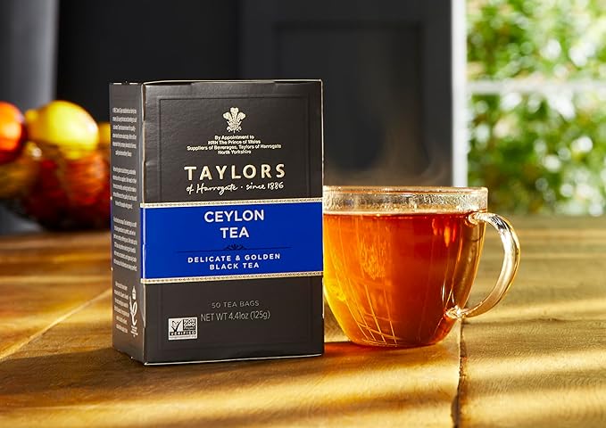 Taylors of Harrogate Pure Ceylon, Black Tea, Pillow Bags, 50 Count (Pack of 1), Bold, Bright & Brisk, Caffeinated, Enjoy Hot or Iced, 50 Teabags