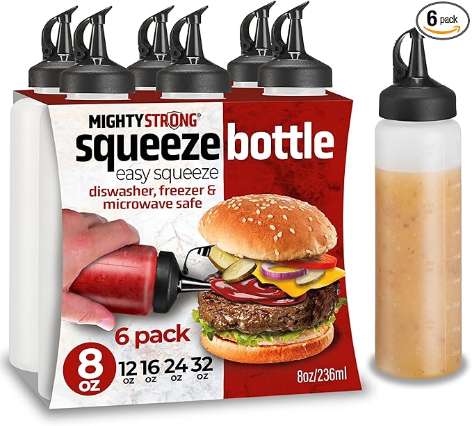 6 Pack Condiment Squeeze Bottles - 8 Oz Squirt Bottles with Leak Proof Snap Cap, Easy Pour Sauce Bottles for Liquids, Ketchup, Oil