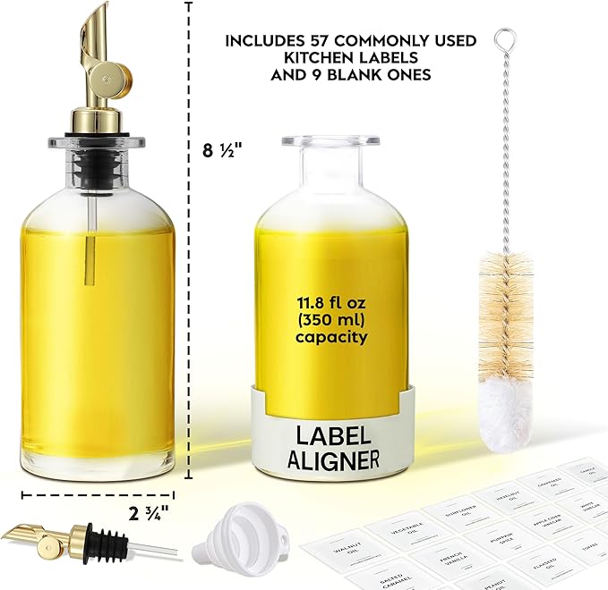 Spaceneat Oil Dispenser for Kitchen - Glass Olive Oil Bottle Set of 2 (11.8oz) with Gold Weighted Self-Closing Pourer - Cooking Oil Dispenser with 66 Labels, Aligner & Funnel