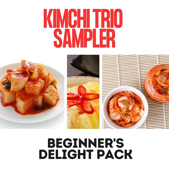 BINGGRE KIMCHI TRIO SAMPLER NAPA CABBAGE FRESH KOREAN KIMCHEE IN KIM CHI kimichi 김치 MOTHER MILD CHEE TEMPEH DAIKON PICKLES WHITE RADISH TWINS JONGGA RAMEN ORGANIC VEGAN NAPPA LAWS MAMA 신라면