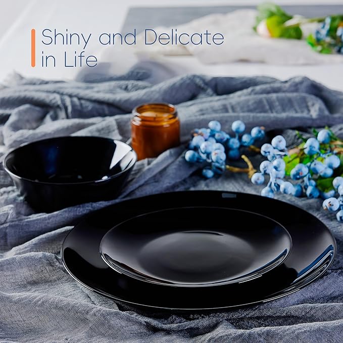LaGlint 7.5 inch Appetizer Plate Set of 6, Lightweight Opal Glass Round Black Salad Plates for Dessert Kitchen, Dishwasher and Microwave Safe