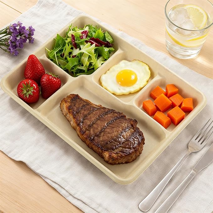 WELLIFE 100% Compostable 5 Compartment Paper Plates, 100 Pack Disposable School Lunch Trays Divided Plates for Adult Youth, 12.5 * 8.6 inch Heavy Duty Eco-Friendly Bagasse Plate for Buffet and Party