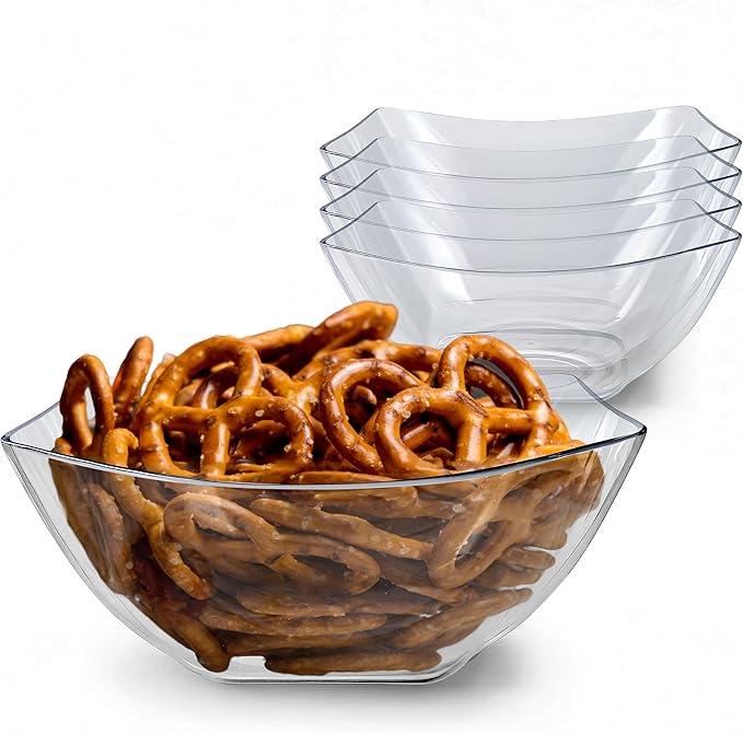 32oz Clear Plastic Serving Bowls (4 Pack) Medium Candy Dishes, Square Plastic Buffet Containers for Chips, Snacks, Mints, Salad Bar, Snack Bowl Parties, Office, Bridal Shower, Party Supplies