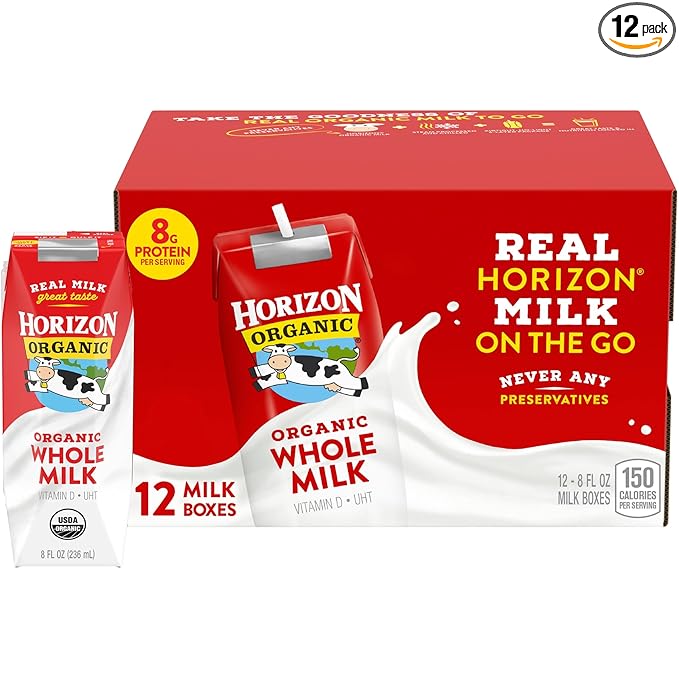 Horizon Organic Shelf Stable Whole Milk Boxes, Pack of 12 - 8g Protein per Serving
