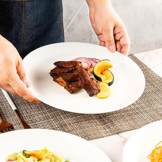 Dinner Plates Set of 12, 10-1/2 inch Glass Salad Plate Set Scratch Resistant, Kitchen White Plates for Serving Dishes, Microwave and Dishwasher Safe