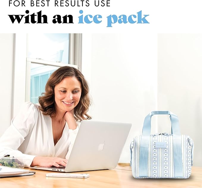 Fit & Fresh Remi Lunch Bag for Women Work – Neoprene Lunch Tote with Containers & Ice Pack, Reusable Meal Prep Lunch Box, Large Capacity, Machine Washable, Blue Wallpaper Bows