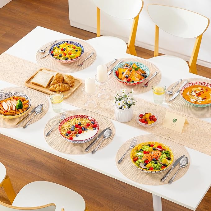 vancasso Selene 8.5" Pasta Bowls Set of 6, 40 oz Porcelain Shallow Salad Bowls, Serving Bowls Pasta Dishes Plates Large Kitchen Bowl Plates, Vivid Floral Design, Microwave Safe, Series SELENE