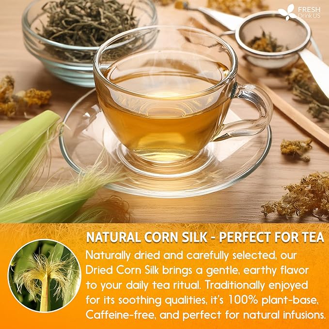 FreshDrinkUS, Dried Corn Silk 8oz | Premium Whole Corn Silk for Tea & Herbal Infusions | Naturally Air-Dried, Non-GMO, Caffeine-Free | Perfect for Daily Herbal Tea, DIY Blends & Natural Brewing