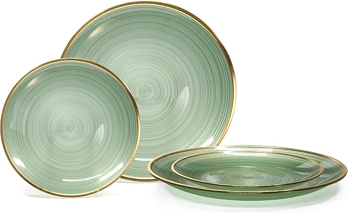 " OCCASIONS " 50 Plates Pack (25 Guests)-Wedding Party Disposable Plastic Plate Set -25 x 10'' Dinner + 25 x 7'' Salad & Dessert plates (Belize in Green & Gold)