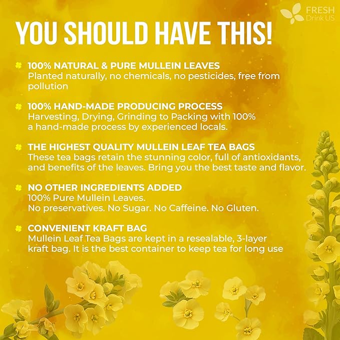 FreshDrinkUS, Premium 10 Mullein Leaf Tea Bags for Lungs, 100% Natural & Pure Mullein Leaves. Mullein Herbal Tea. Made with Natural Material Tea Bags. No Sugar, No Caffeine, No Gluten, Vegan.