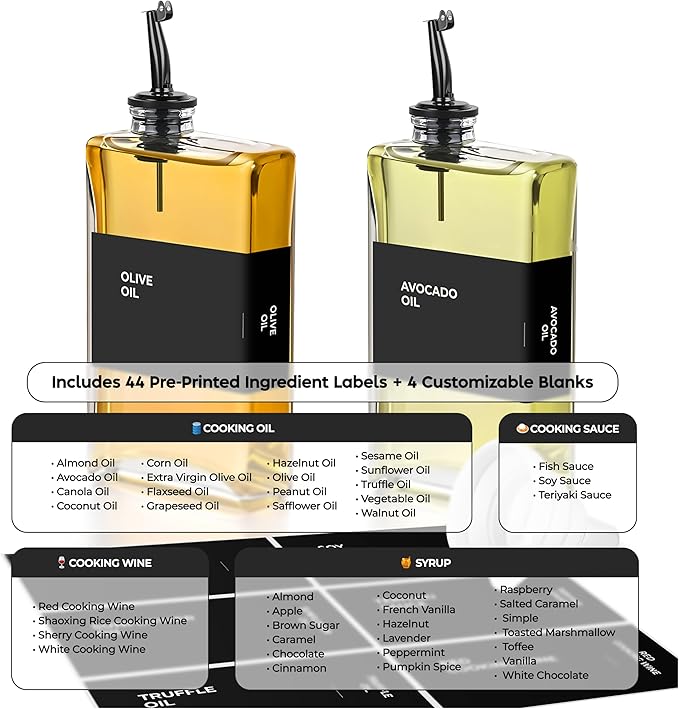 Spaceneat Olive Oil Dispenser Bottle - Includes 44 Kitchen Essential Labels - Cooking Oil Bottles for Kitchen, Coffee Syrup Dispenser - Pourer Spout with 11.8 fl oz Glass Container Cruet - 2pcs, Black