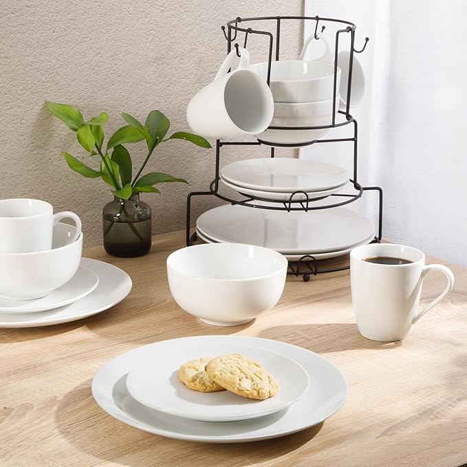 Gibson Home Summit View 17-Piece Porcelain Plates and Bowls Set W/Metal Rack - Plates, Bowls & Mugs Dinnerware Set for 4 - White