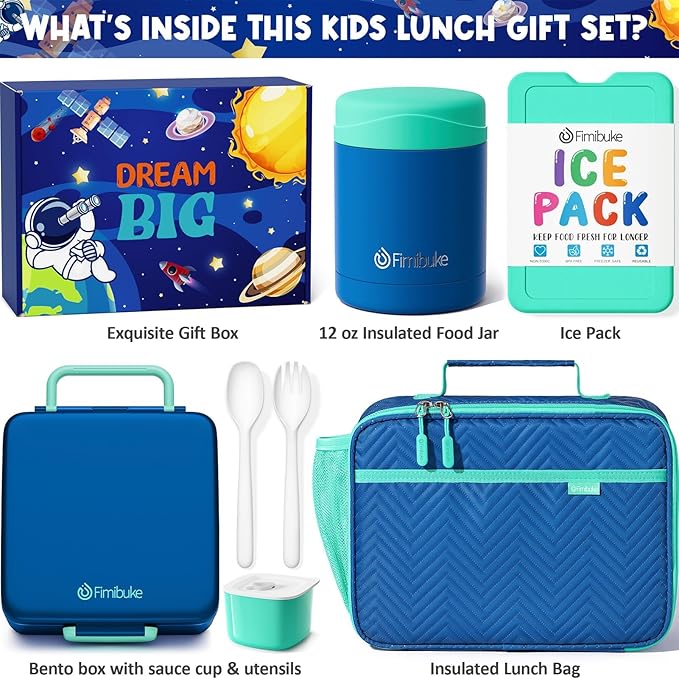 Fimibuke Kids Bento Snack Lunch Box with 4 Compartment, Insulated Lunch Bag, Stainless Steel Vacuum Thermo Food Jar, Ice Pack, Utensils Set, Birthday Gifts for Age 3-12 Back to School Toddler Girl Boy