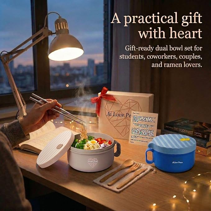 AI LOVE PEACE Microwave Noodle Bowl Set of 2, 40 oz Ramen Bowls with Lids, Dishwasher Safe Soup Bowl for Ramen, Pho, Pasta, Rice, College Dorm Essentials (Beige & Blue)