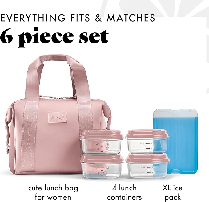 Fit & Fresh Remi Lunch Bag for Women Work – Neoprene Lunch Tote with Containers & Ice Pack, Reusable Meal Prep Lunch Box, Large Capacity, Machine Washable, Mauve