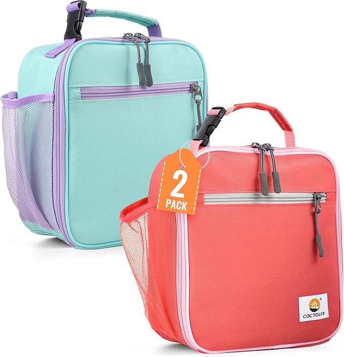 CaCTOUR Lunch Box Kids,2 Packs Insulated Lunch Bag for Girls Boys,Soft Bag Mini Cooler Back to School Thermal Reusable Lunch Bag for Work School Picnic（Light Green & Pink