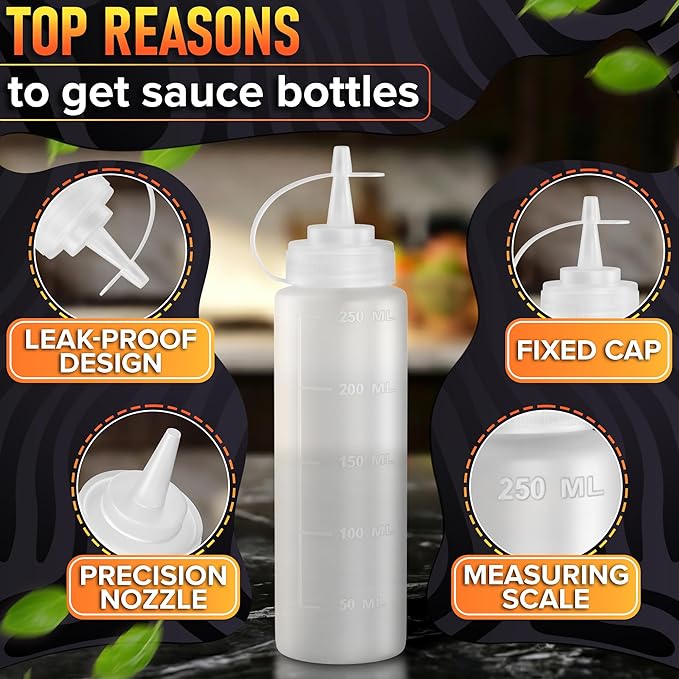 6-Pack Plastic Condiment Squeeze Bottles 8oz – Refillable Squirt Bottles with Narrow Tip, Leak-Resistant | Great for Oil, Sauces, Ketchup, Mayonnaise, Syrup, Dressing, BBQ Stations & Catering Use