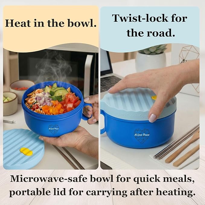 AI LOVE PEACE Microwave Ramen Bowl Set of 2, 40 oz Ramen Noodle Bowls with Lids, Microwave Noodle Bowl for Soup, Pho, Pasta, Rice & Oatmeal, Dishwasher Safe (2 x Blue)