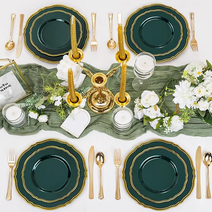Hioasis 60pcs Green Plastic Plates - Green and Gold Disposable Dinnerware with Gold Rim, Heavy-duty, 7.5 inch, Dessert Plates for Party & Christmas