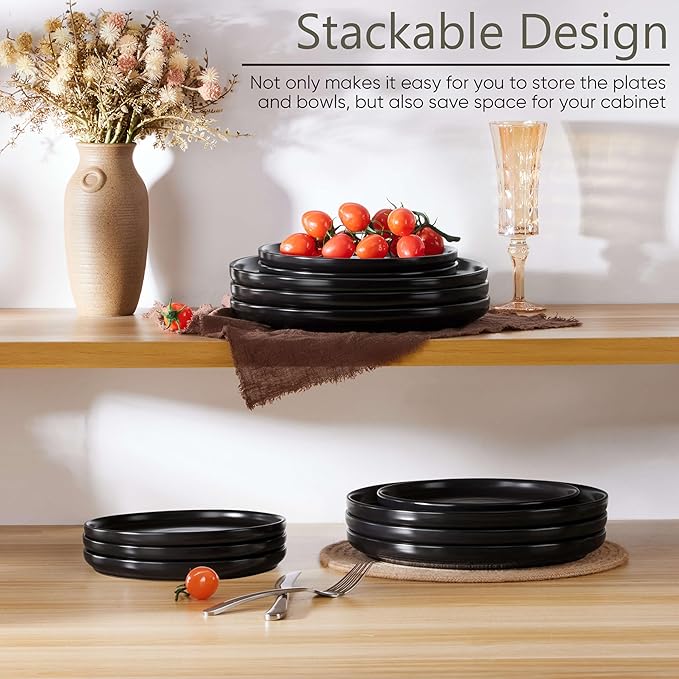 Herogo 6-Piece Stoneware Small Dinner Plates Set, 7.9" Ceramic Round Dessert Plate Set, Double Reactive Glaze Large Dinnerware Plates for Kitchen, Microwave, Oven and Dishwasher Safe, Matte Black
