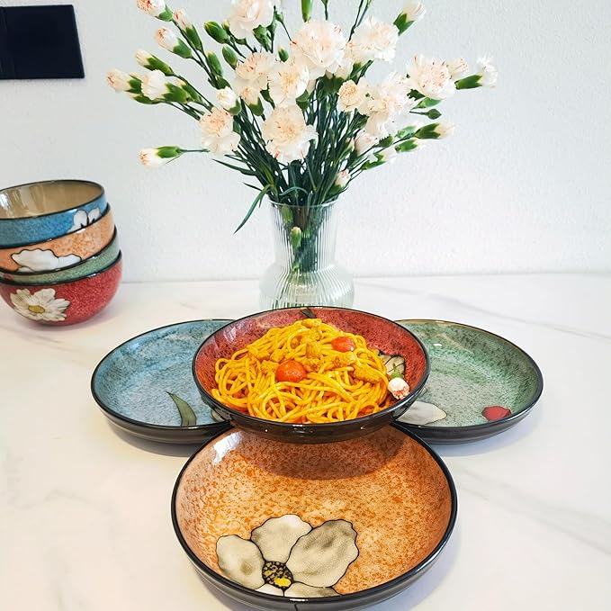 rockgoldbug 30oz Ceramic Pasta Bowls For Kitchen, 8.5 in - Pasta bowl set of 4 - For Pasta,Salad,Appetizer, Serving etc - Dishwasher, Microwave, and Oven Safe - For Breakfast, Lunch and Dinner
