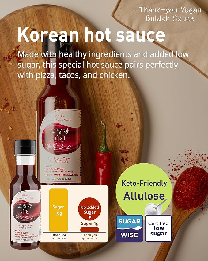 Thank-you Vegan Buldak Sauce Sugar-Free Korean Fire Hot Sauce with Allulose – Plant-Based, No Chicken Extract | Squeeze Bottle for Ramen, Rice Bowls, Tacos, Pizza & Cauliflower Wings | 9.17 fl.oz (260ml)