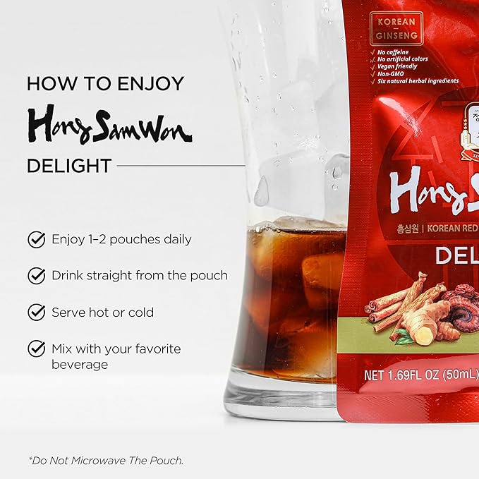 JUNG KWAN JANG Hong Sam Won Delight - Korean Red Ginseng Tea Herbal Energy Drink with Lime, Jujube, Ginger, 3 Vitamins & 9 Amino Acids - No Caffeine, No Calories, No Sugar (30 Pouches, 1.69 fl oz)