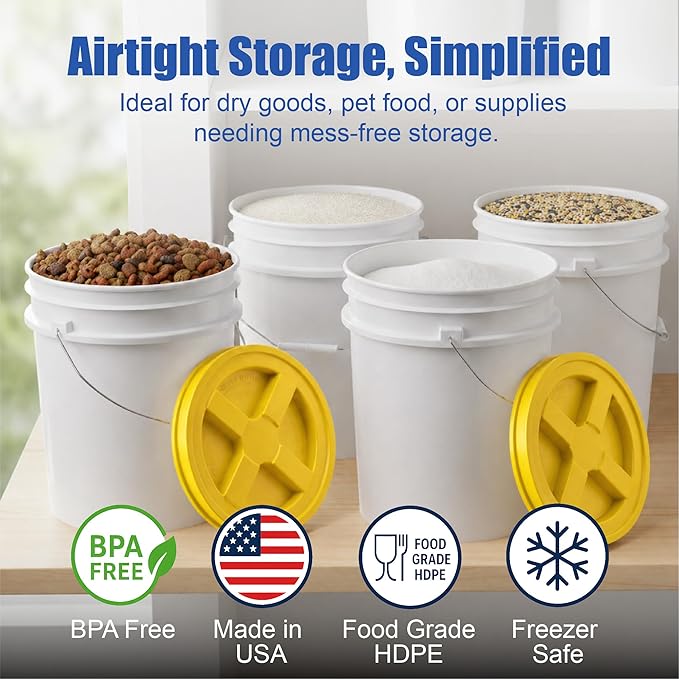 ePackageSupply 5 Gallon Bucket - Food Grade Bucket with Airtight Gamma Seal Screw-On Lid, BPA-Free, Heavy-Duty 90 Mil HDPE Plastic, Bulk Storage, Durable Container, Made in USA, White/Yellow, 3 Packs
