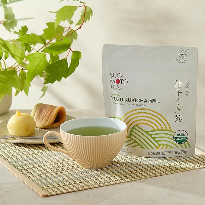 SUGIMOTO TEA Japanese Organic Yuzu Kukicha with Matcha Green Tea Bags 12 Count