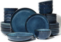 Pokini 32 Piece Double Bowl Dinnerware Sets with Pasta Bowls, Highly Chip and Crack Resistant Plates and Bowls Sets, Natural Earthyware Ceramic Dishware Sets, Service for 8 Starry Blue