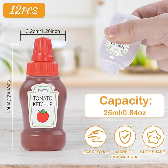 DualFerv 12Pcs Mini Ketchup Bottles, Portable Mini Squeeze Bottle, Mini Sauce Condiment Bottles and Dressing to Go for Lunch(25ml/0.88oz)