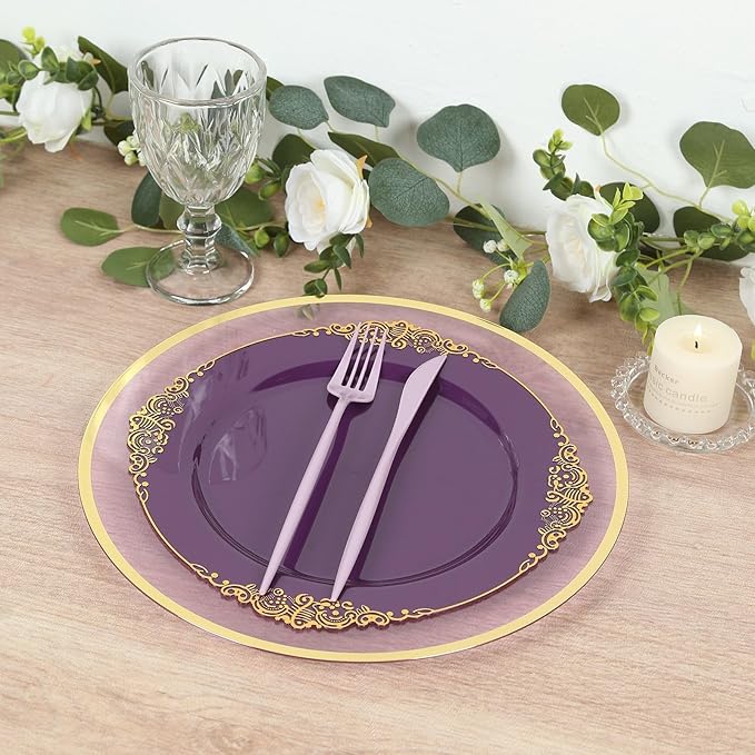 Efavormart 10 Pack | 10" Purple and Gold Baroque Dinner Plates, Leaf Embossed Metallic Rim Heavy Duty Serving Plates for Vibrant Royal Celebrations