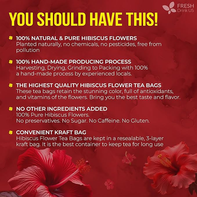 FRESHDRINKUS 60 Hibiscus Flowers Tea Bags, 100% Natural, Pure from Hibiscus Flowers. Loose Flower Hibiscus Herbal Tea. Hibiscus Flower Tea. No Sugar, No Caffeine, No Gluten, Vegan.