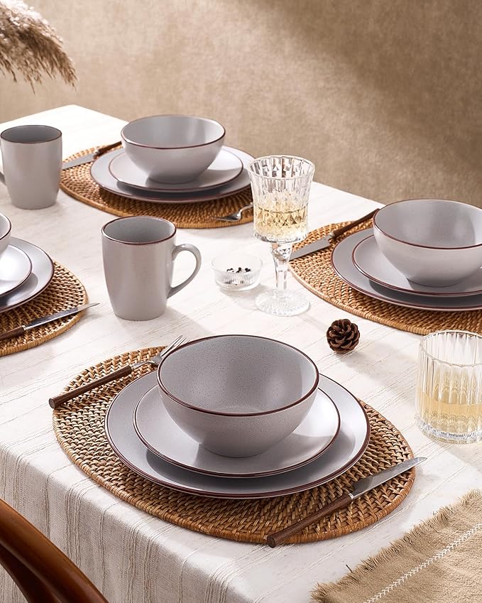 Famiware Venus 16-Piece Stoneware Dinnerware Sets with Mugs, Plates, Bowls, Service for 4, Matte Light Gray - Modern Ceramic Chip‑Resistant Dishes for Everyday & Formal, Microwave & Dishwasher Safe