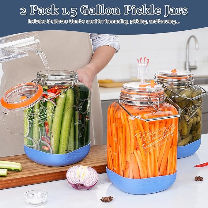 2 Pack 1.5 Gallon Large Fermentation Jar with 3 Airlock, Stainless Steel Handle, Non-Slip Silicone Base, Wide Mouth Glass Jars with Scale Mark - Pickle Jars for Sauerkraut, Sourdough Starter