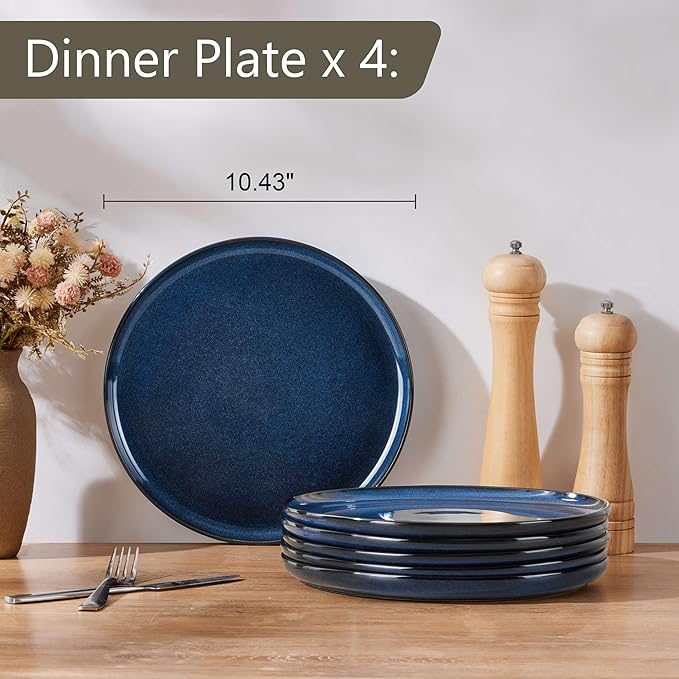 Herogo 4-Piece Stoneware Dinner Plates Set, 10.43" Ceramic Round Plate Set, Double Reactive Glaze Large Dinnerware Plates for Kitchen, Microwave, Oven and Dishwasher Safe, Starry Blue