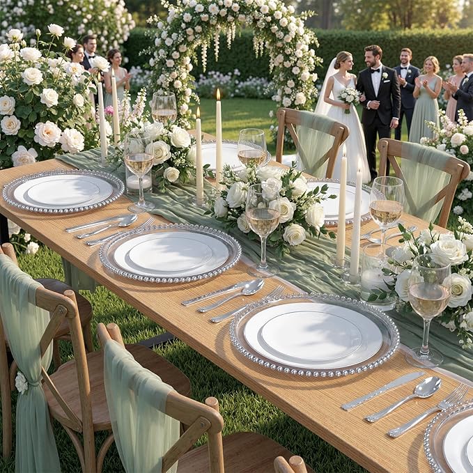 KIRE 200PCS Silver Plastic Plates - White Plastic Plates with Silver Rim Include 100 Dinner Plate and 100 for Dessert/Salad Plate for Birthday/Wedding/Party/Father's Day