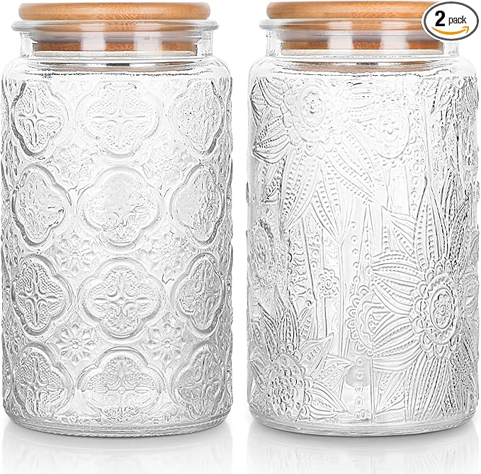 BEWAVE Vintage Glass Jar, 2 Pack, 32oz Food Storage Containers Clear Mason Jars With Airtight Lid for Kitchen Counter, Coffee, Tea, Sugar, Candy