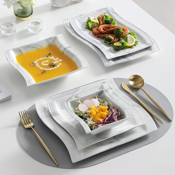 MALACASA 26-Piece Marble Grey Square Dinnerware Sets, Flora Porcelain Dinner Set for 6, Service for 6, Microwave & Dishwasher Safe, BPA, Lead & Cadmium Free