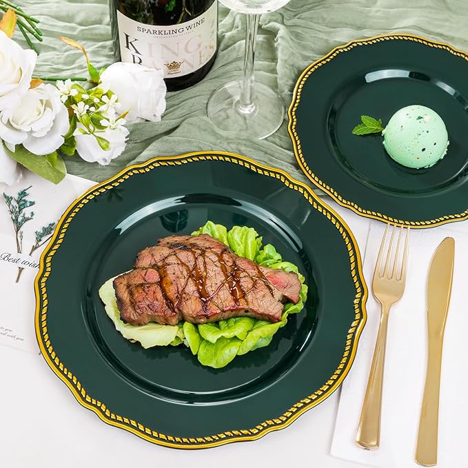 Hioasis 60pcs Green Plastic Plates - Green and Gold Disposable Dinnerware with Gold Rim, Heavy-duty, 7.5 inch, Dessert Plates for Party & Christmas