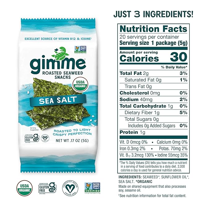 Gimme Seaweed Organic Premium Roasted Seaweed Snacks, Sea Salt, Keto, Vegan, Gluten-Free, Great Source of Omega3s and Iodine, Healthy On-The-Go Snack for Kids and Adults, 20 Count (Pack of 2)