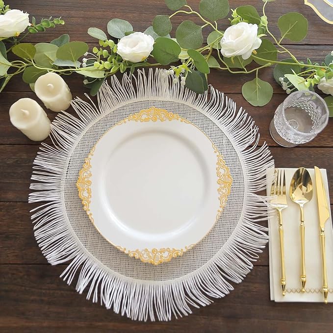 Efavormart 10 Pack | 10" White and Gold Baroque Dinner Plates, Leaf Embossed Metallic Rim Heavy Duty Serving Plates for Formal Wedding Banquets