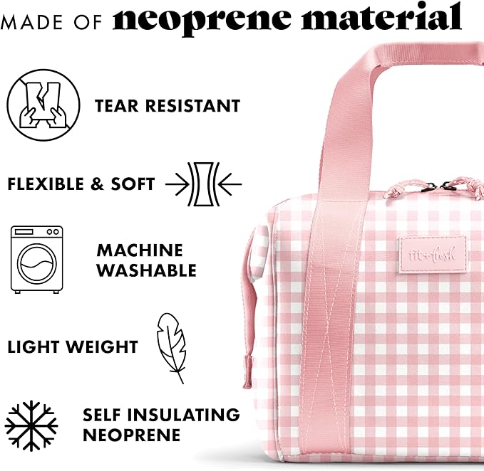 Fit & Fresh Remi Lunch Bag for Women Work – Neoprene Lunch Tote with Containers & Ice Pack, Reusable Meal Prep Lunch Box, Large Capacity, Machine Washable, Pink Gingham