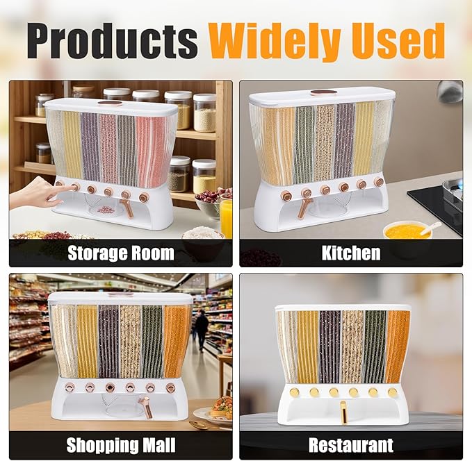 6 Grids Rice & Grain Storage Container 22.05 Pounds Rice Dispenser Food Dispenser Grain Dispenser One-Button Pressing Storage Bucket for Grains Snacks Candy Coffee Beans Dog (White)
