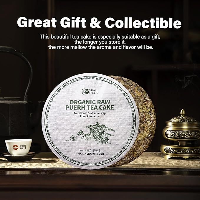YUANSHENG Organic Raw Pu erh Tea Cake, 7.06 Oz USDA Certified Aged Fermented Pu-Erh Tea Cake, Chinese Yunnan Ancient Tree Puerh Black Tea for Daily Drink and Gift, Mellow & Smooth