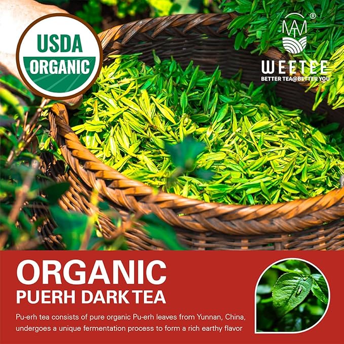 WT WEETEE Organic Pu-erh Loose Leaf Tea, Organic Ripe Pu'erh Tea 228g / 8 ounce, Earthy Darktea Blacktea, Rich Antioxidants