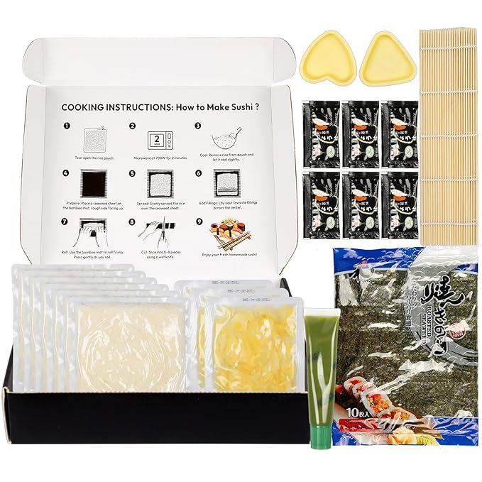 YUHO DIY Sushi Ingredients Kit with Rolling Mat Foods Making Kit Rice Ginger Seaweed Nori Wasabi Soy Sauce with Molds