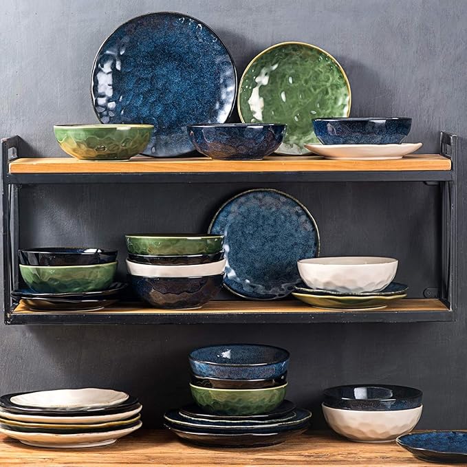 vicrays Ceramic Dinner Plates Set, 10.5 Inch, Set of 4, Round, Microwave, Oven, Dishwasher Safe, Porcelain Fluted Suitable for Steak, Pasta, Pizza, Home, Party, Restaurant (Green)